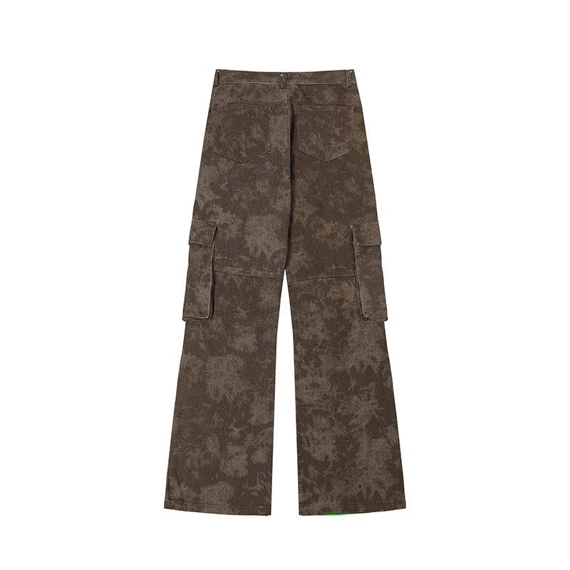 Jeans da lavoro Valstrend con motivo camouflage, borchie e tasche multiple, stile moda street americana.