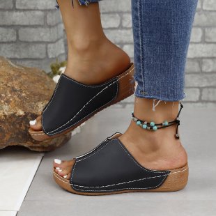 Ciabatte donna Valstrend con zeppa piattaforma e punta aperta, scarpe plus size in stile muffin con suola comoda.