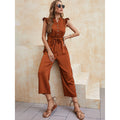 Women's Pure Black V-neck Mid-waist Lace-up Cropped Jumpsuit