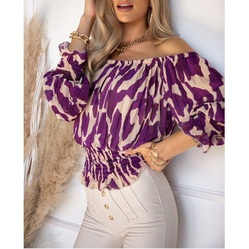 Maglietta da donna Valstrend con stampa floreale, stile sexy off-shoulder, moda femminile, tessuto leggero e comodo.