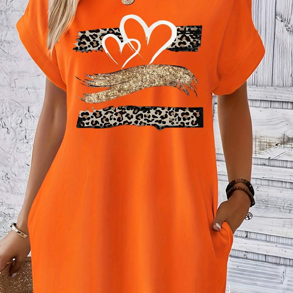 Heart & Leopard Print Dress With Pockets, Short Sleeve Crew Neck Casual Dress For Summer & Spring, Women's Clothing