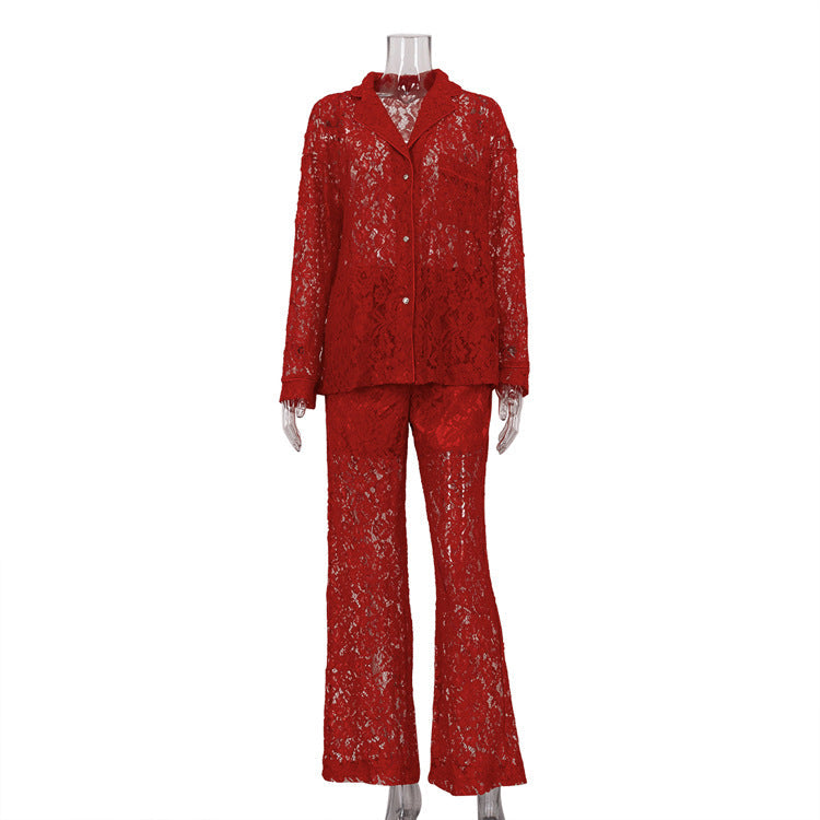 Lace See-through Sexy Fashion Lapel Shirt Pants Suit