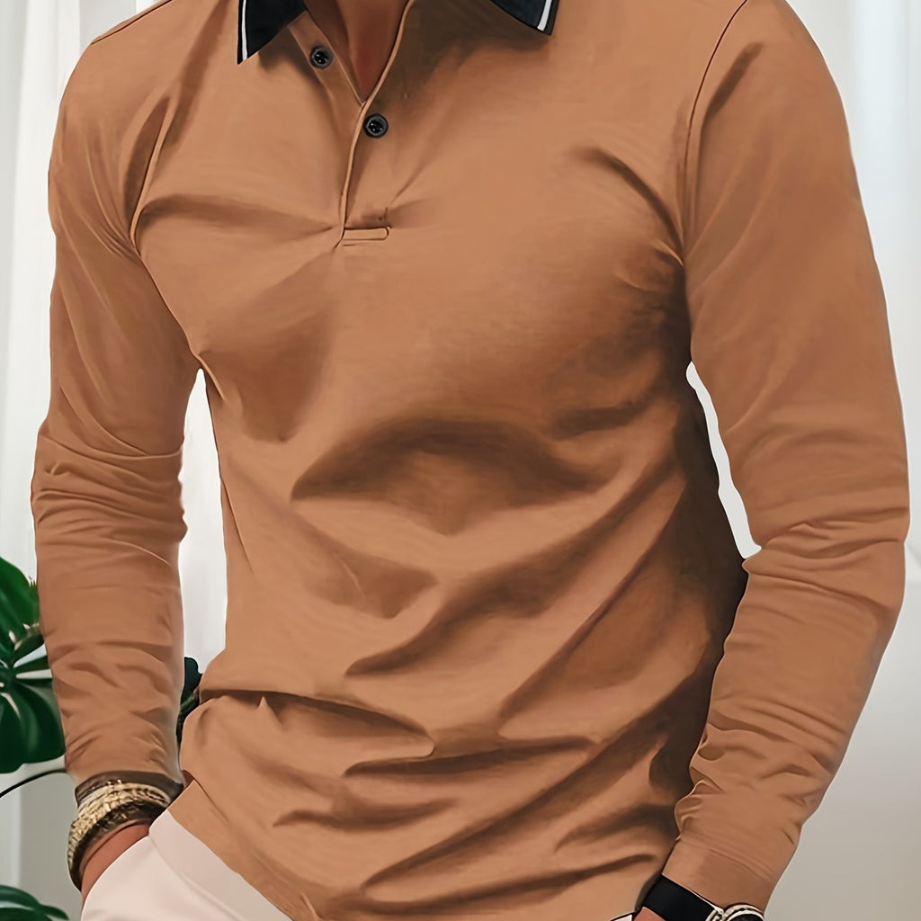 Men's Casual V-Neck Long Sleeve Rugby Shirt For Spring Autumn, Men's Clothing