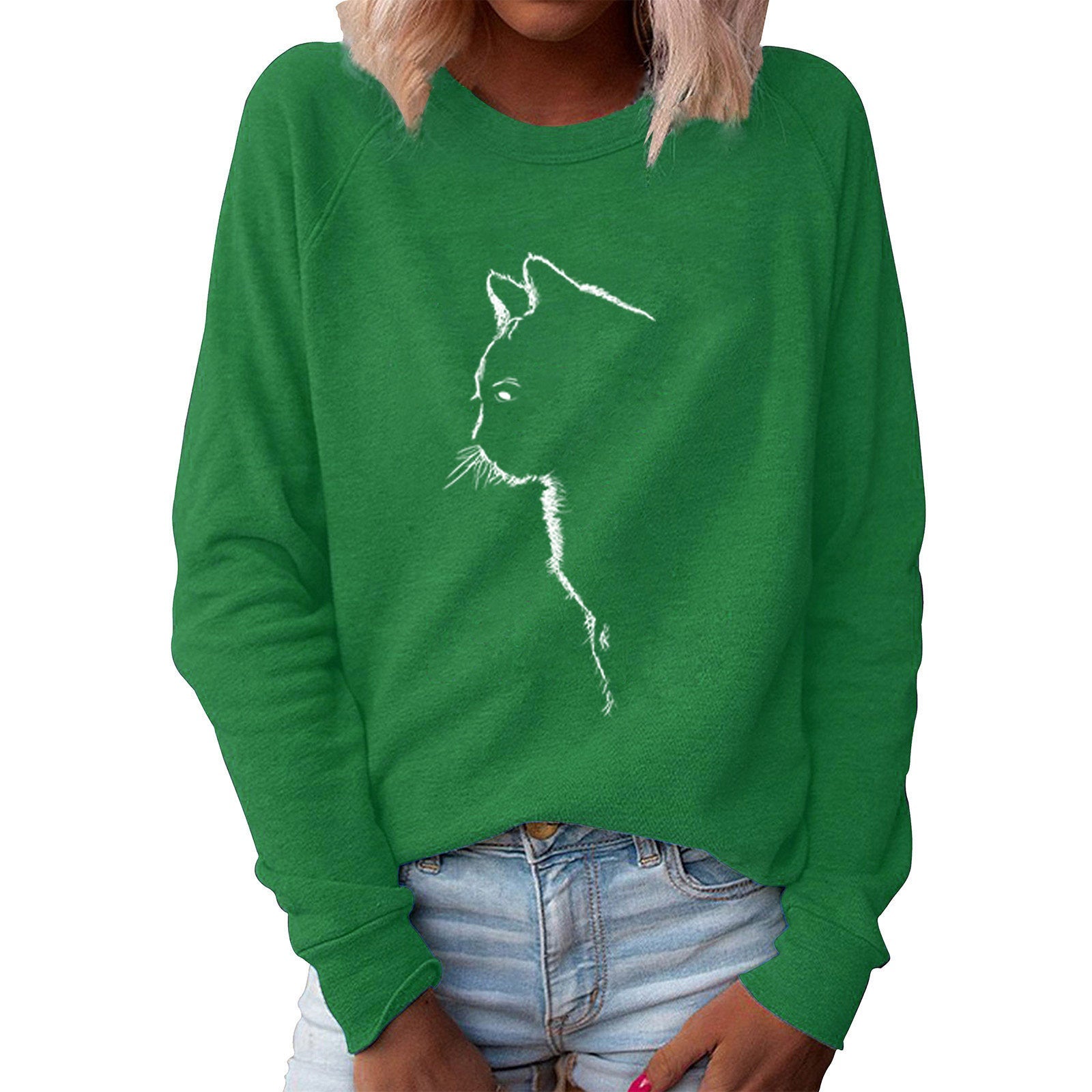 Maglione donna Valstrend shop con stampa creativa di gatto, girocollo rotondo, maniche lunghe e design originale.