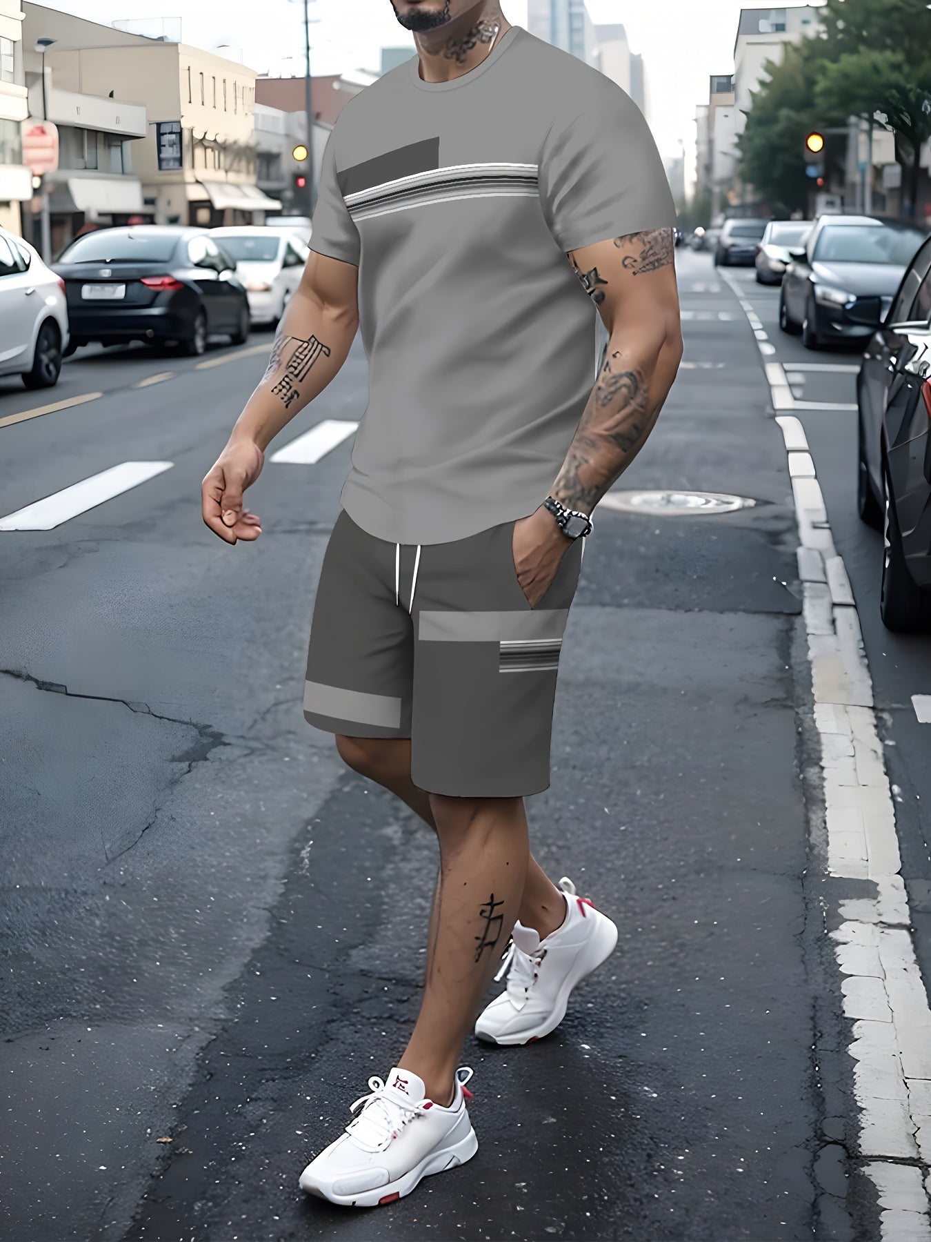 Completo estivo da uomo Valstrend con T-shirt a maniche corte e pantaloncini con tasche, blocchi di colore, stile casual e leggero
