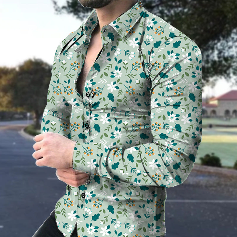 Camicia da uomo casual a maniche lunghe con stampa floreale grande, marchio Valstrend shop, vista frontale su sfondo neutro.
