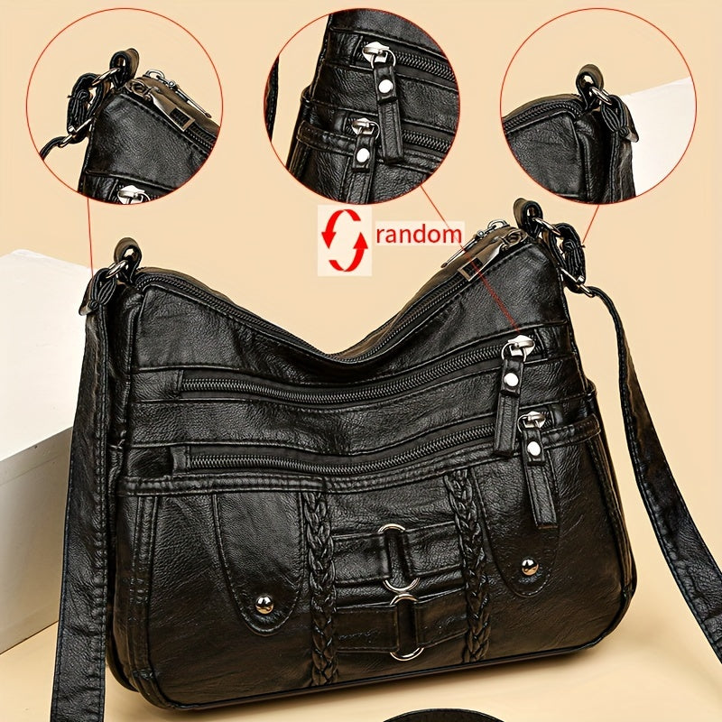 Retro Rivet Decor Crossbody Bag, Soft PU Leather Shoulder Bag, Women's Multi Zipper Messenger Bag