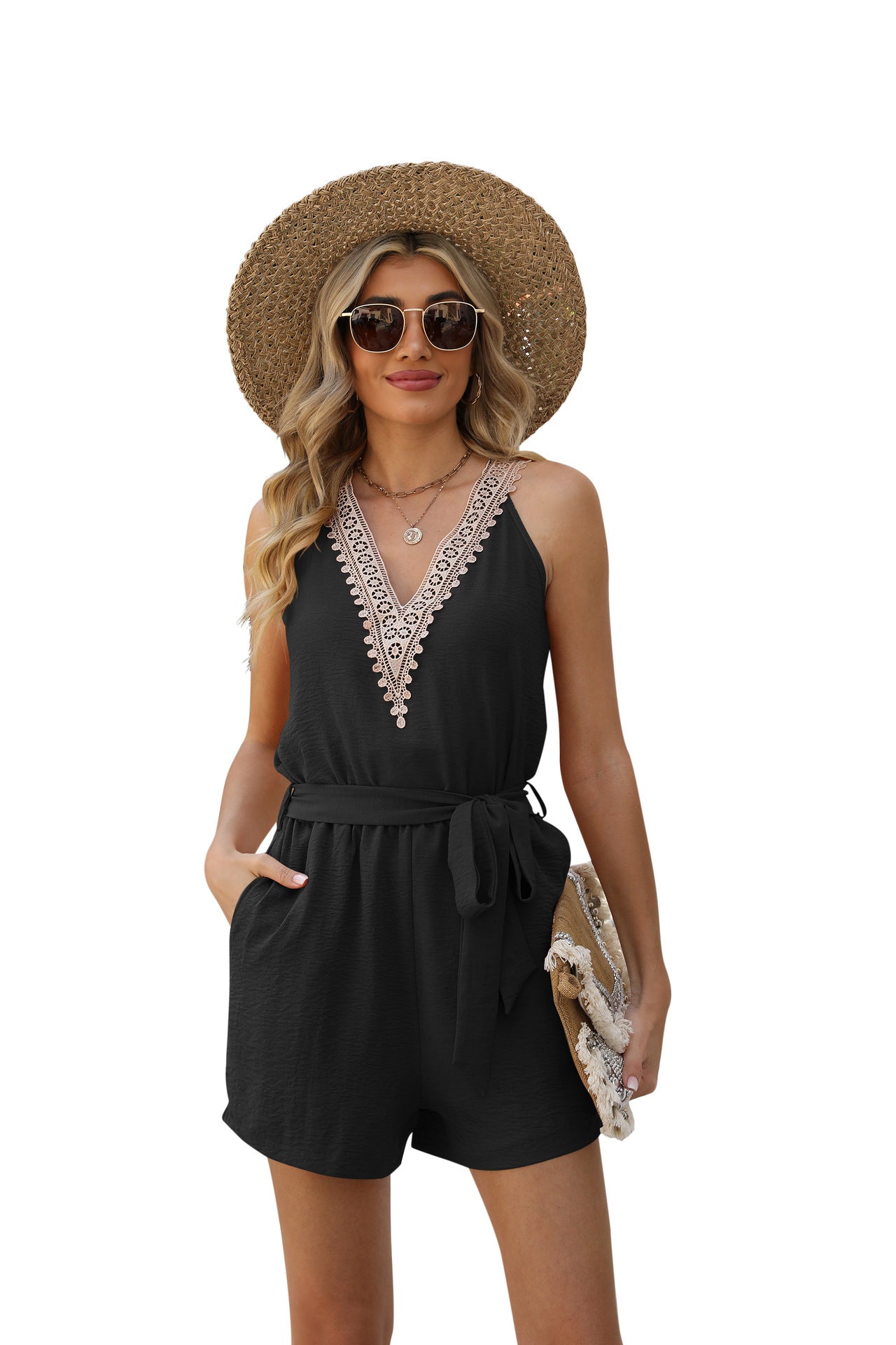 Casual Lace V-neck Sleeveless Belt Jumpsuit