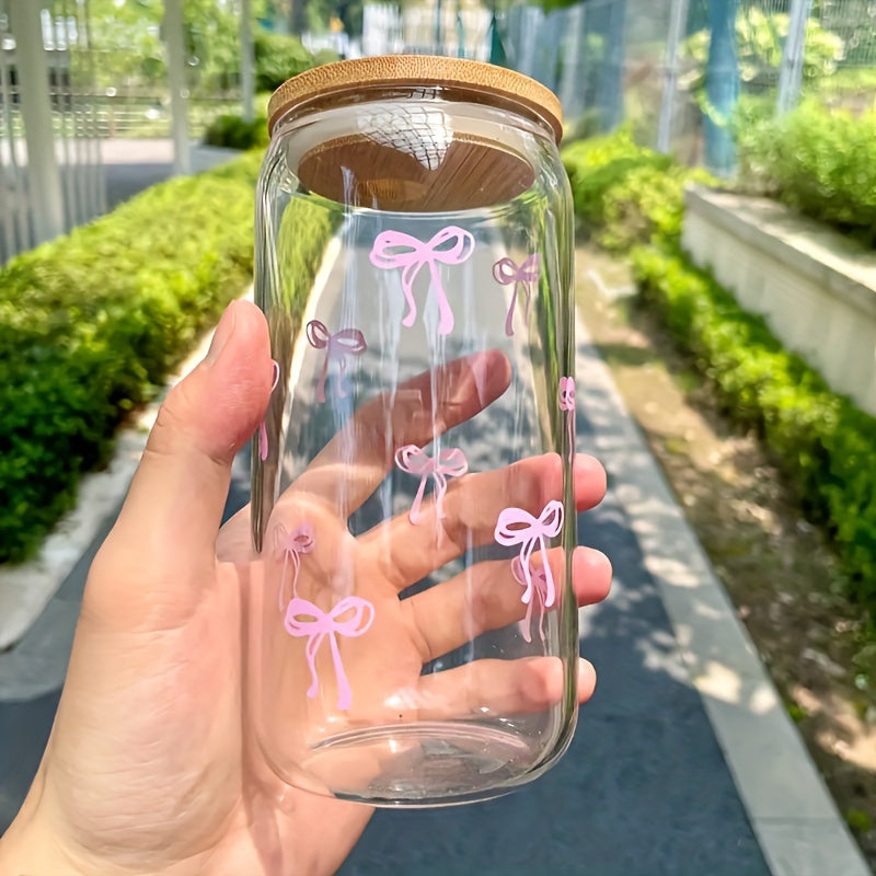 Tazza in vetro rosa con fiocco, coperchio in bambù e cannuccia, ideale per caffè e bevande fredde, marchio Valstrend shop