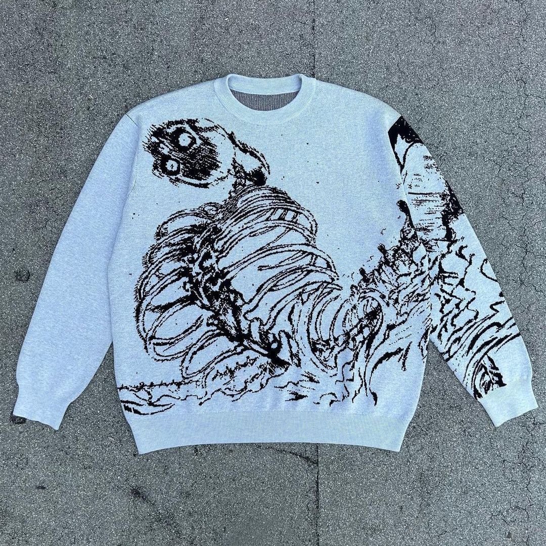 Maglione Valstrend con stampa scheletro gotico, pullover nero con design inquietante, morbido e comodo, stile dark e alternativo.
