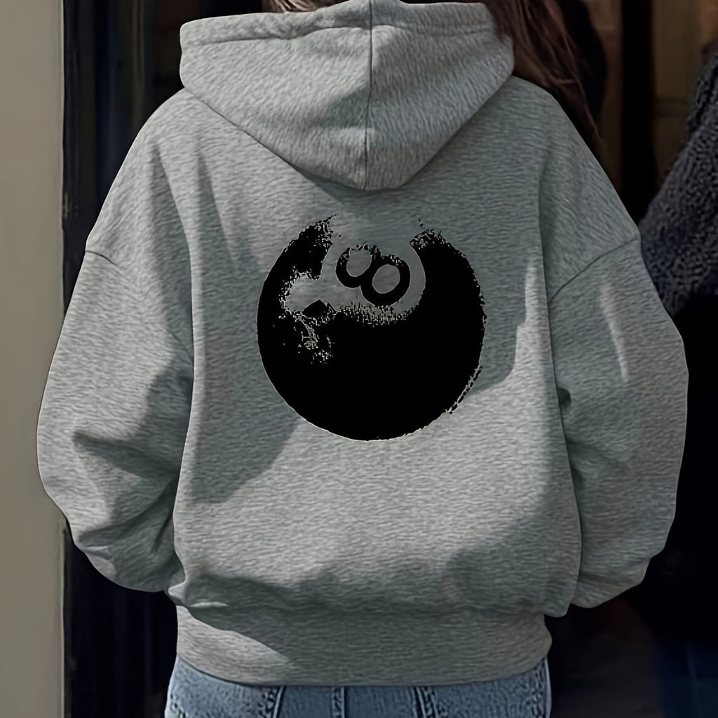Women's Fashion Hoodie with Black Eight Graphic Print, Casual Polyester Knit Sweatshirt, Long Sleeve, Drawstring, All-Season, Geometric Pattern, Cozy Pullover