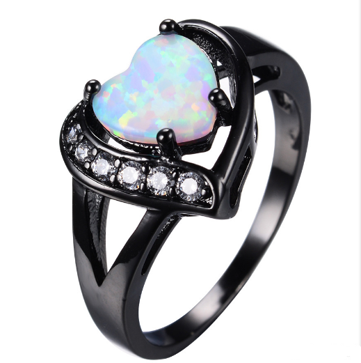 Anello donna con cuore in opale bianco e zirconia, oro nero, anello di promessa e fidanzamento, marchio Valstrend.