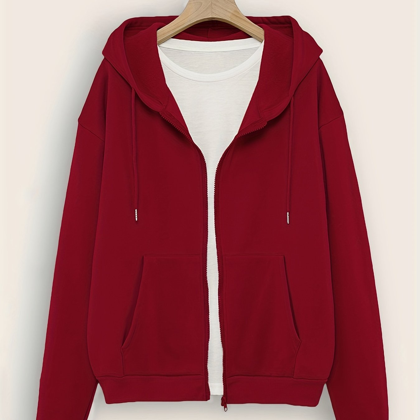 Solid Zip Up Pocket Hoodie, Casual Long Sleeve Drawstring Hoodies Sweatshirt, Women's Clothing