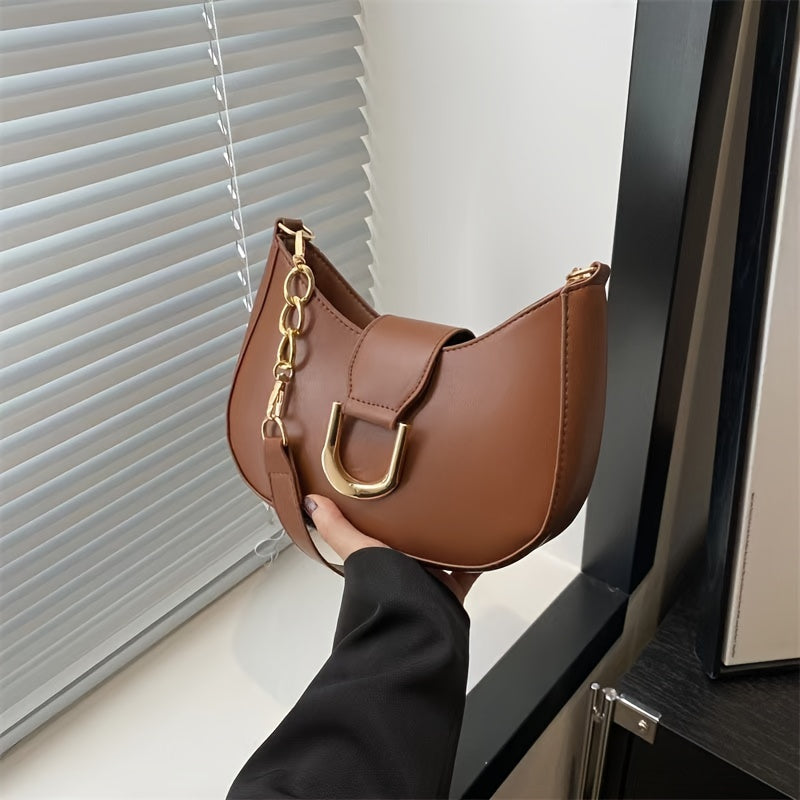 1pc Elegant Women's Black Crescent Shoulder Bag - Stylish Solid Color, Faux Leather with Safety Buckle Closure, Fixed Strap, Lined Interior, for Various Occasions / Fashionable Ladies