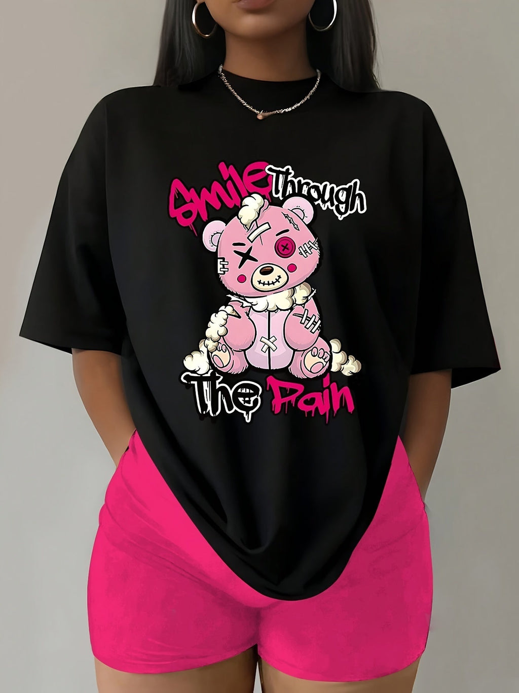 Maglietta donna Valstrend con stampa lettera e orso, maniche corte, tessuto leggero per primavera e estate, abbigliamento casual femminile.