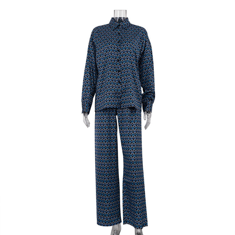 Printed Long Sleeve Lapel Shirt Drooping Wide-leg Pants Fashion Two-piece Suit