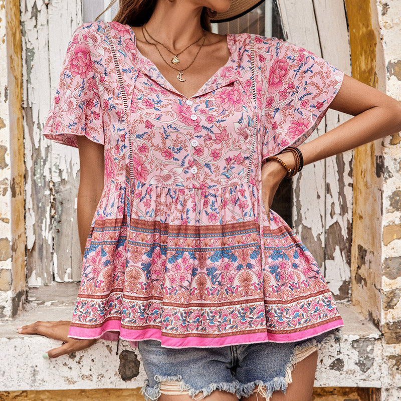 Summer Women's Bohemian Printed Short-sleeved Shirt