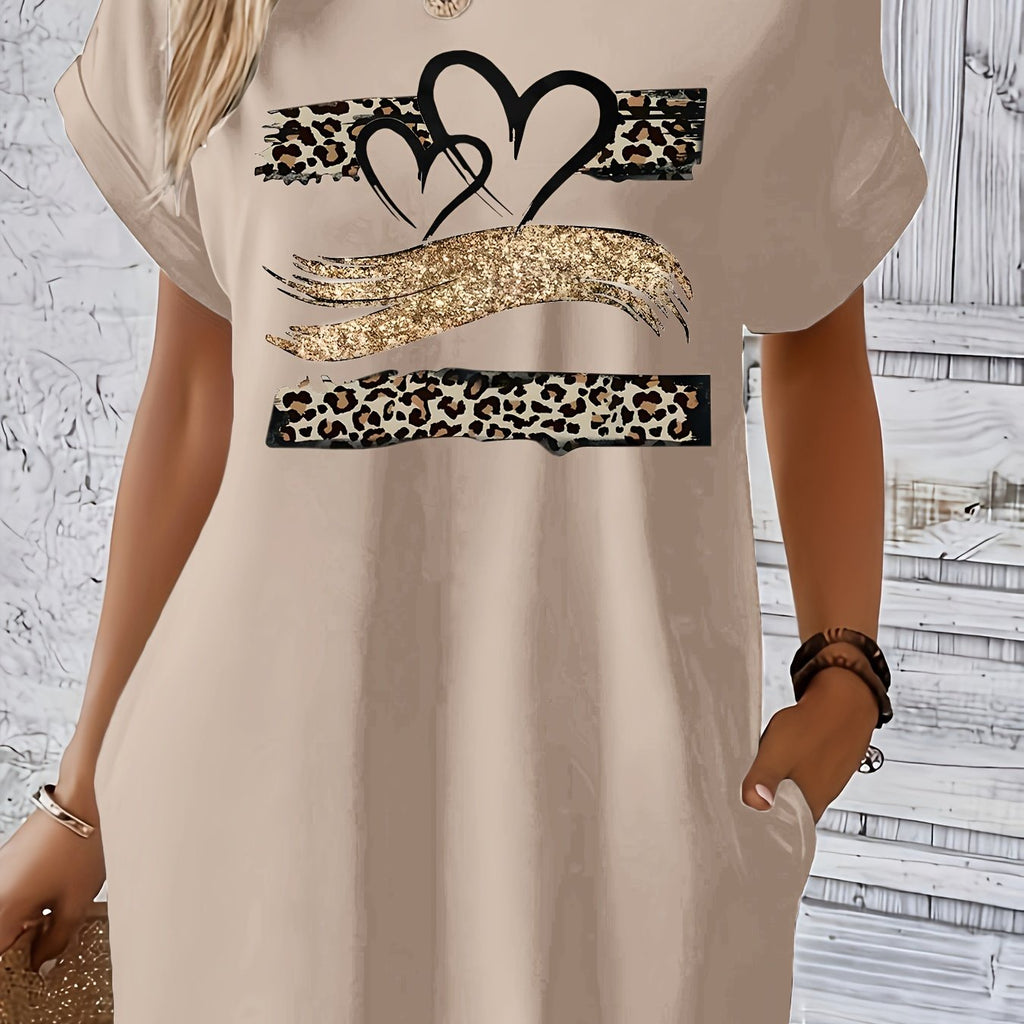Heart & Leopard Print Dress With Pockets, Short Sleeve Crew Neck Casual Dress For Summer & Spring, Women's Clothing