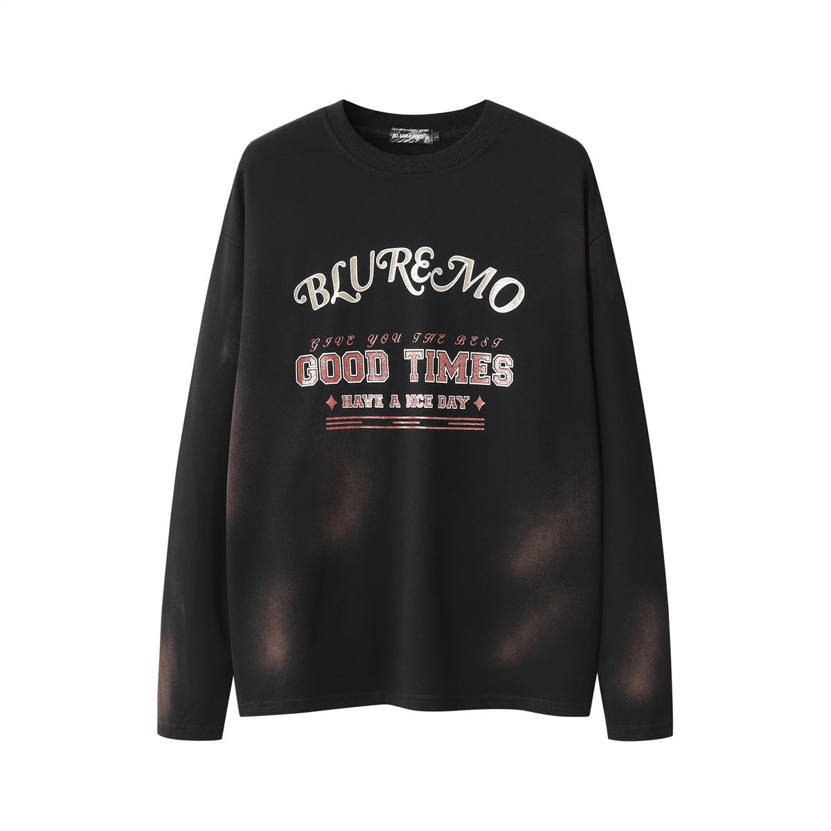 Felpa crew neck Valstrend con lavaggio scuro, stampa dorata, morbida e comoda, ideale per look casual e moderni.