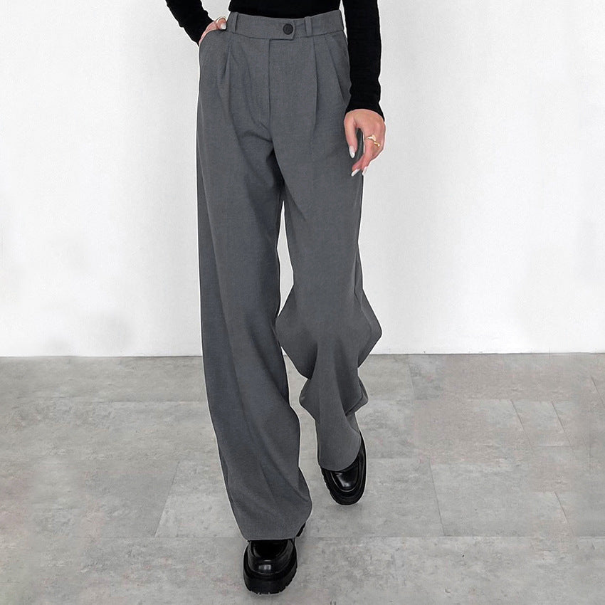 Gray High Waist Straight Commute Style Draped Trousers Pants