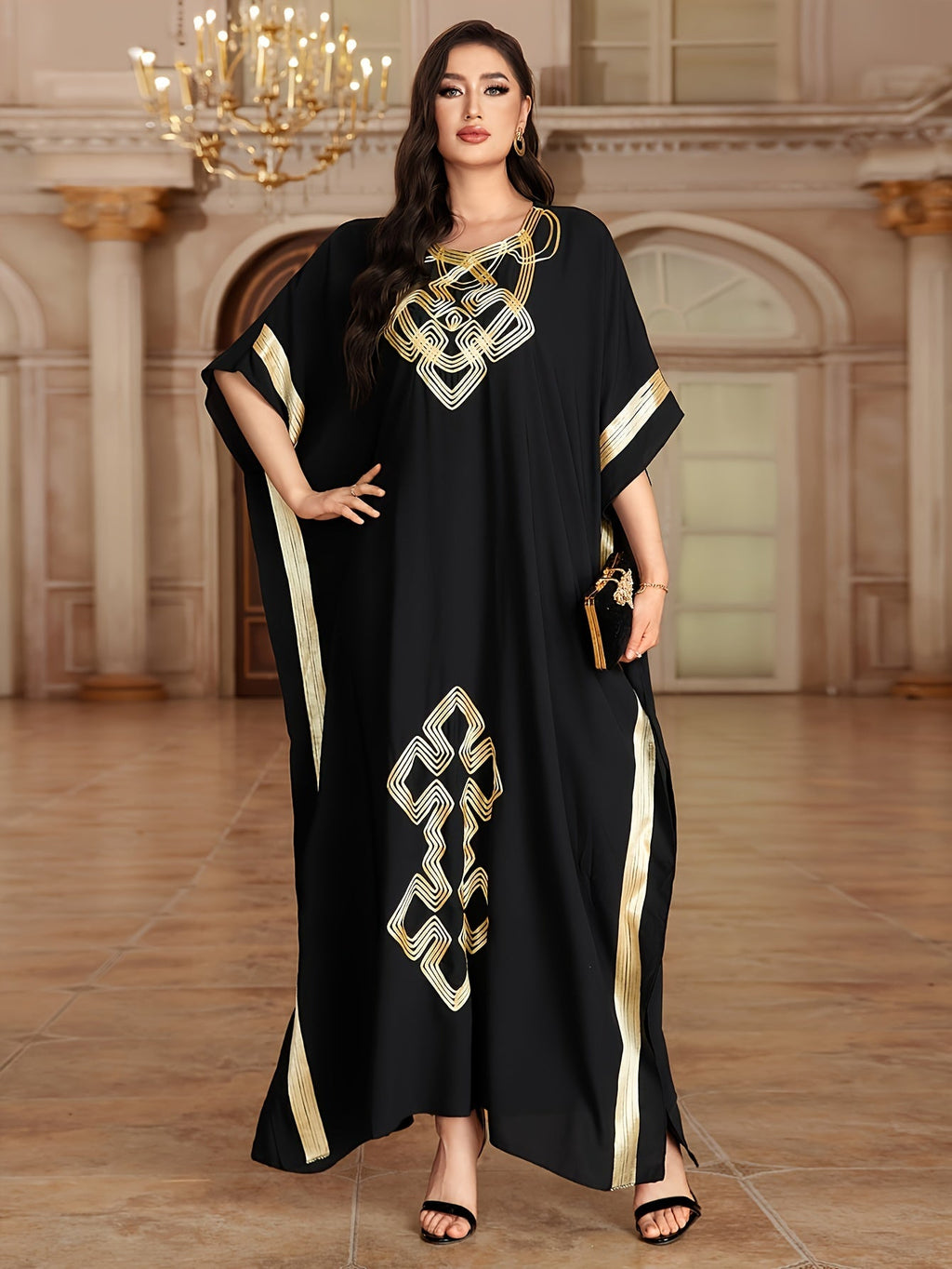 Kaftan lungo con stampa etnica, maniche a batwing, vestito maxi largo e elegante da donna, abbigliamento Valstrend.