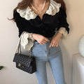 Retro Minority Layers Of Lace Stitching Doll Velvet Shirt For Women