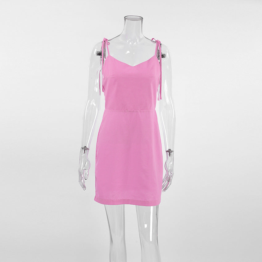 Vestito da notte femminile in cotone e lino rosa con bretelle, morbida e elegante abbigliamento da casa Valstrend.