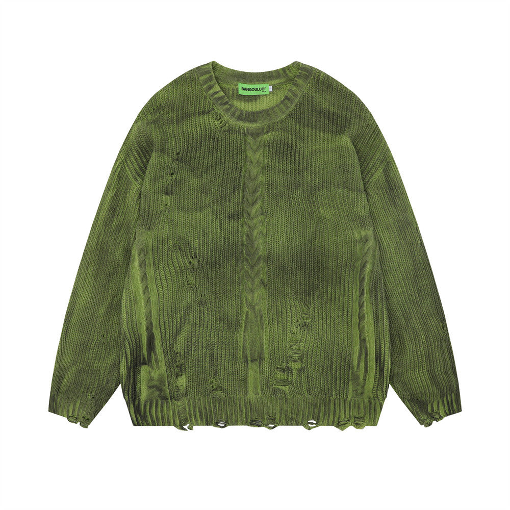 Distressed Dirty Round Neck Men's Spring And Autumn Sunken Stripe Twist Crocheted Ripped Pullover Sweater