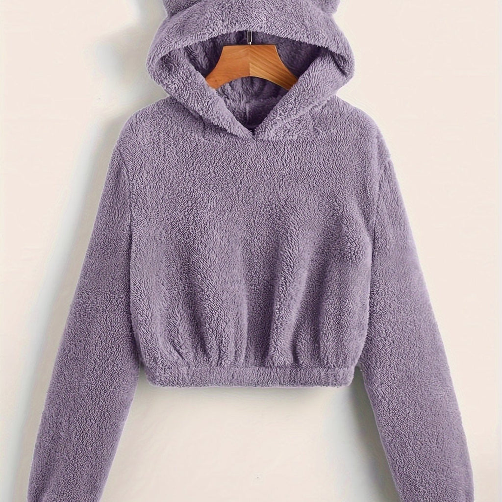 Women's Fashion Hoodie with 3D Ear Design, Long Sleeve, Solid Color, Casual Style, Polyester Knit Fabric, Autumn/Winter Season