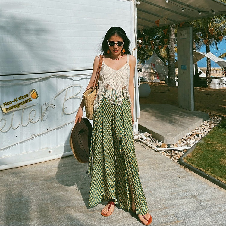 Pantaloni larghi in chiffon a vita alta con spacchi in stile vacanza, marca Valstrend, vestibilità comoda e moda estiva.