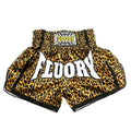 Pantaloncini Muay Thai con stampa leopardata per uomo e donna, abbigliamento sportivo Valstrend, dettagli di allenamento.