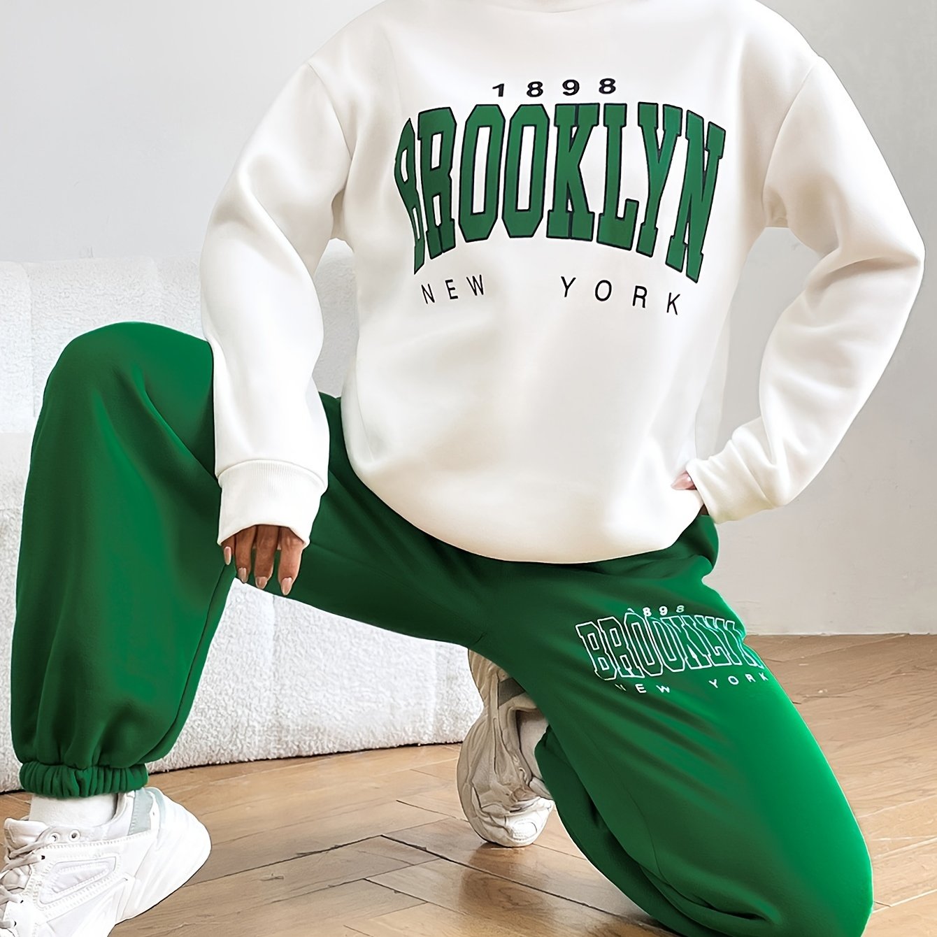 Letter Print Workout Two-piece Set, Crew Neck Long Sleeve Sweatshirt & Long Length Jogger Pants Outfits, Women's Clothing