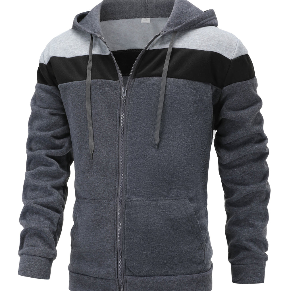 Color Block Men's Hooded Jacket, Casual Long Sleeve Zip Up Hoodie With Drawstring And Pockets, Spring Fall Outdoor Sports