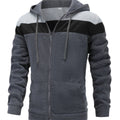 Color Block Men's Hooded Jacket, Casual Long Sleeve Zip Up Hoodie With Drawstring And Pockets, Spring Fall Outdoor Sports