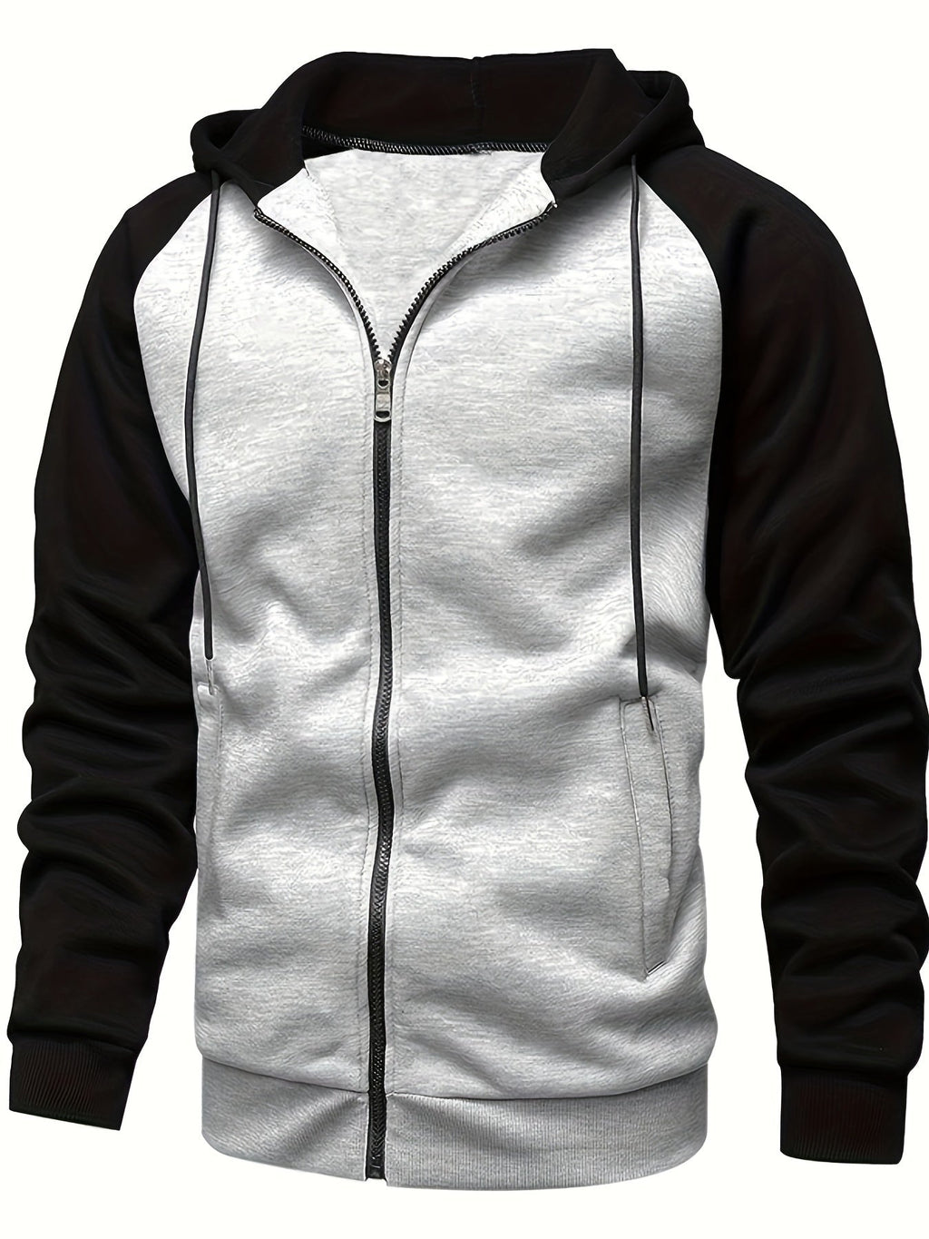Men's Color Block Zip-Up Hoodie - Casual Long Sleeve with Kangaroo Pocket, Polyester Blend, Machine Washable - Perfect for Fall/Winter