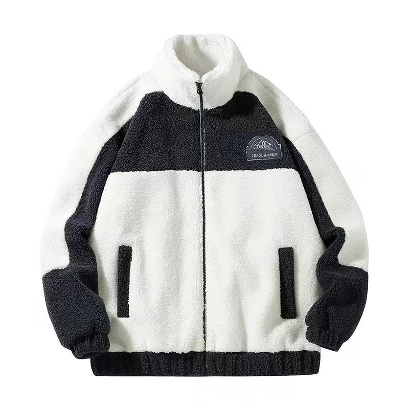 Giacca in pelliccia di pecora per uomo con colletto alto, stile trendy coreano, marca Valstrend Shop, vista frontale.