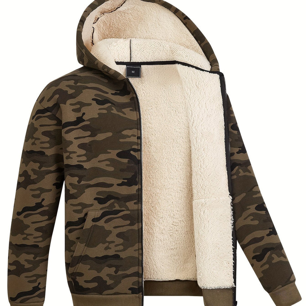 Giacca in pile caldo con cappuccio mimetico, giacca casual uomo Valstrend con zip, ideale per autunno e inverno
