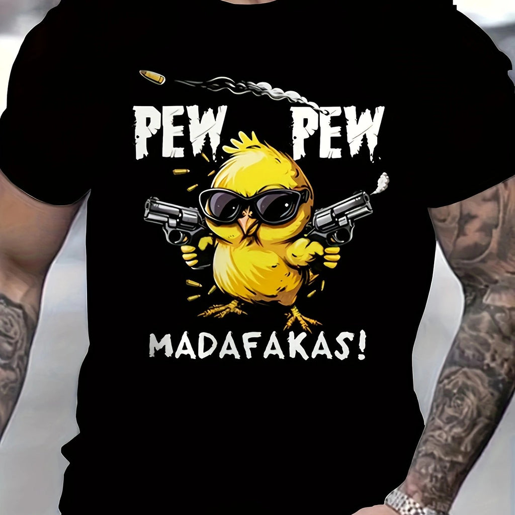 T-shirt casual da uomo Valstrend con stampa vintage "Pew Pew Madafakas" pollo con pistole, maniche corte, tessuto in poliestere