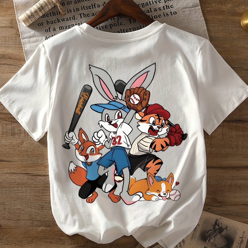 T-shirt con stampa cartone animato, maniche corte e girocollo casual per donna, ideale per primavera e estate, marca Valstrend.