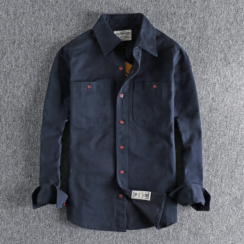 Camicia lunga da uomo Valstrend in tessuto pesante con ricami sulla schiena, maniche lunghe e stile elegante.