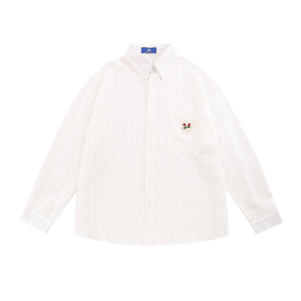 Camicia lunga con maniche lunghe in pizzo traforato, vestibilità casual e rilassata, marca Valstrend shop.