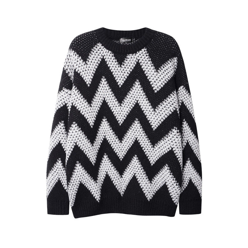 Maglione Valstrend shop a quadri retrò con contrasto di colori e righe ondulate, tessuto caldo e stile vintage.
