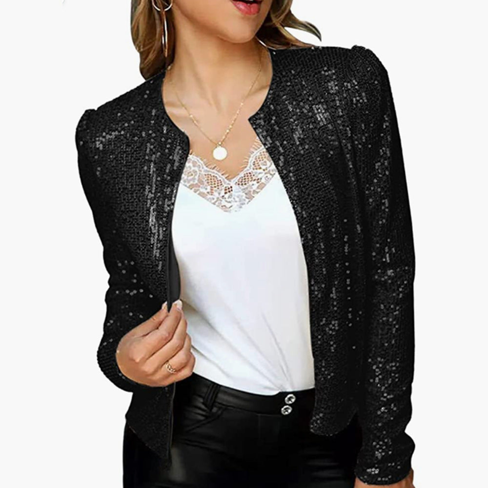 Giacca corta casual da donna Valstrend con blocchi di colore e paillettes, stile alla moda e tessuto leggero.