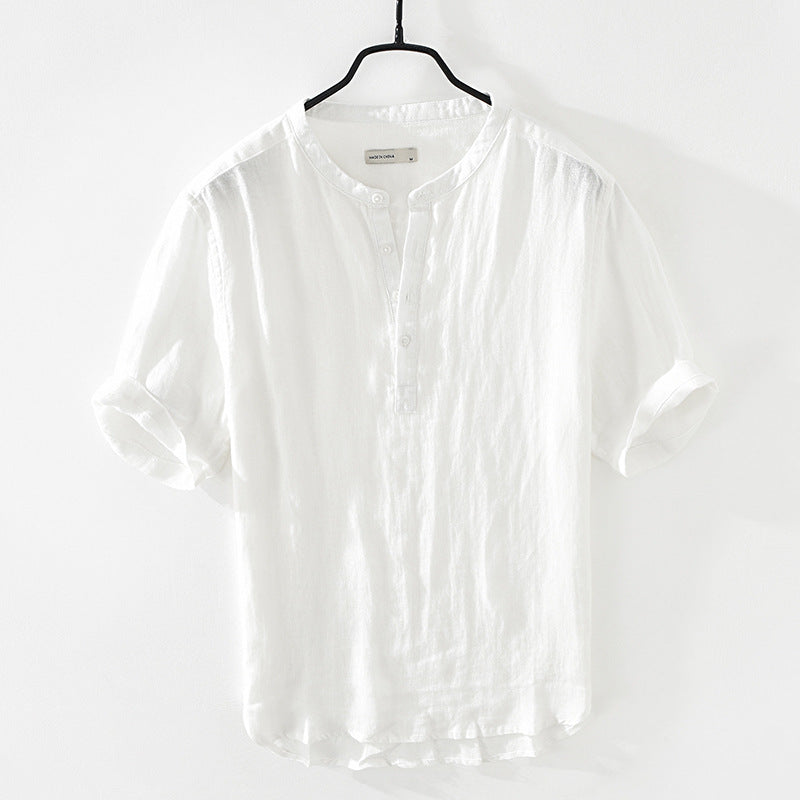 Camicia estiva in lino e cotone a maniche corte di Valstrend, vestibilità leggera e traspirante, ideale per la stagione calda.