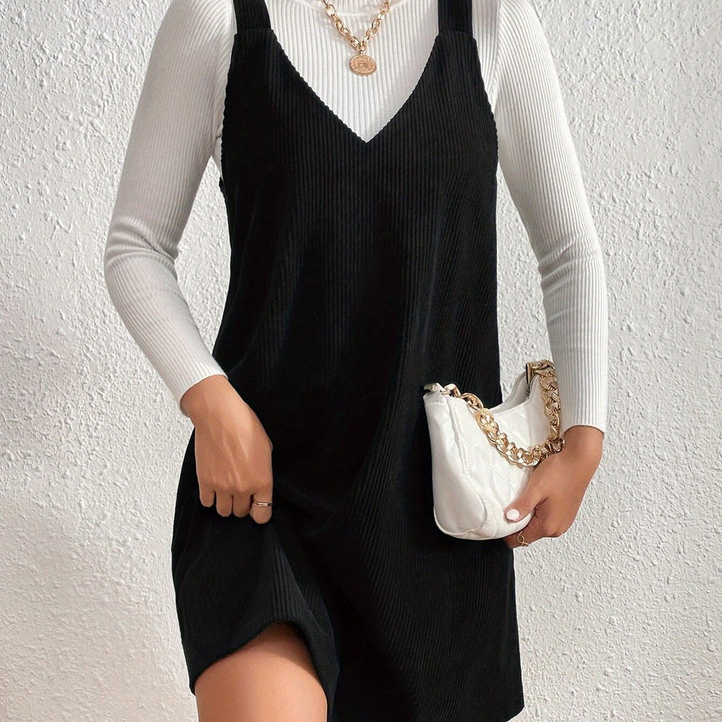 Women'S Casual V-Neck Knit Polyester Pinafore Dress - Solid Color Sleeveless A-line Mini Dress for All Seasons