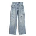 All-match Pocket Overalls Mid-waist Denim Trousers
