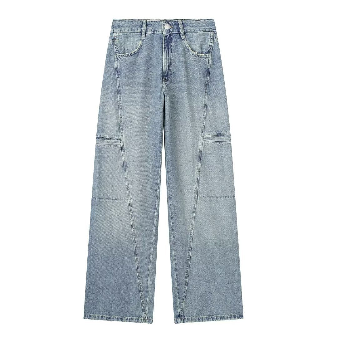 All-match Pocket Overalls Mid-waist Denim Trousers