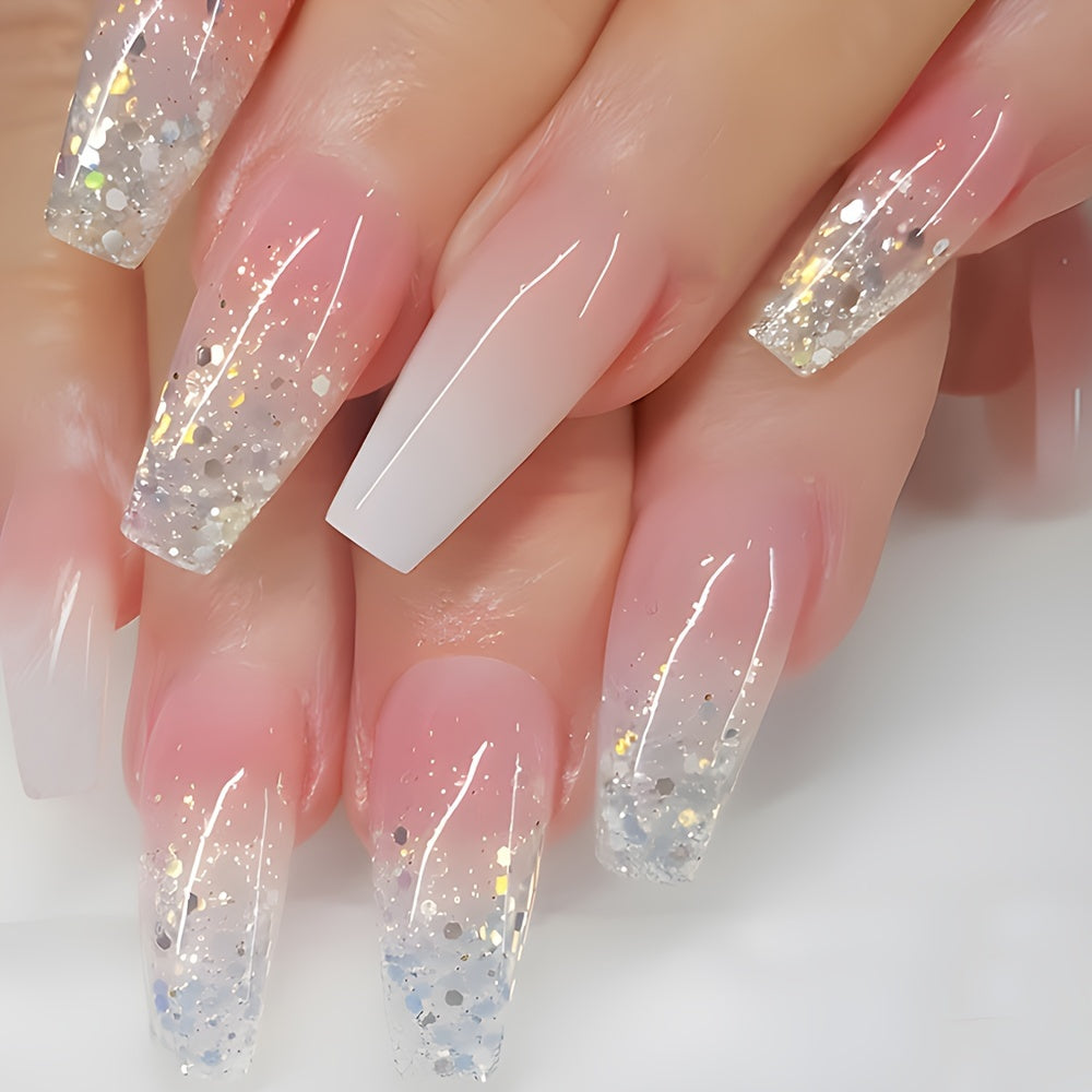 Set di 24 unghie finte a ballerina lunghe rosa con glitter brillante, finitura lucida, per manicure e pedicure, marchio Valstrend.