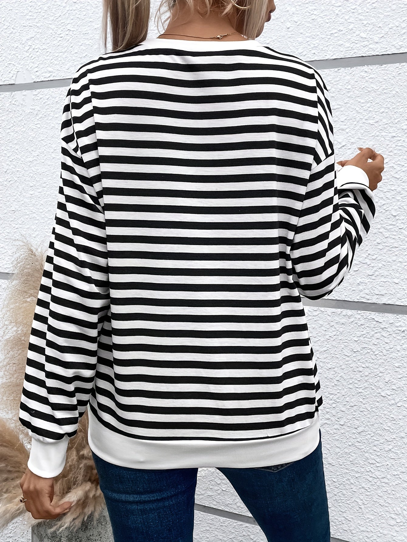 Felpa casual da donna Valstrend con cuore e motivo a righe, maniche lunghe, scollo rotondo, ideale per autunno e inverno