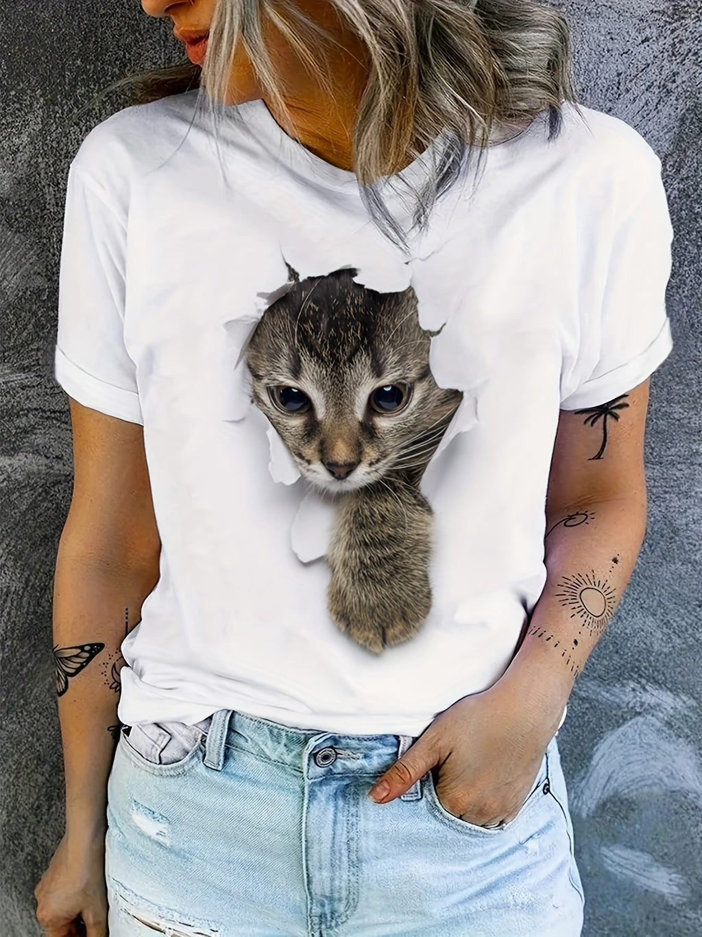 T-shirt femminile con stampa di gatto carino, maniche corte, collo rotondo, abbigliamento casual quotidiano Valstrend shop